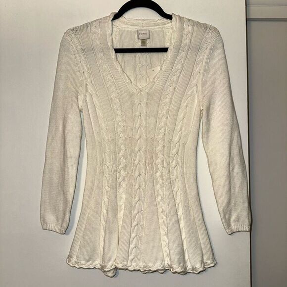 Cupio Cable Knit Ruffle Hem Wrist Length Sleeve Cream Sweater Medium NWT - Picture 1 of 9